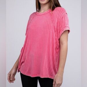 Ribbed Raglan Dolman Sleeve Boat-Neck Top in Fuchsia size S/M